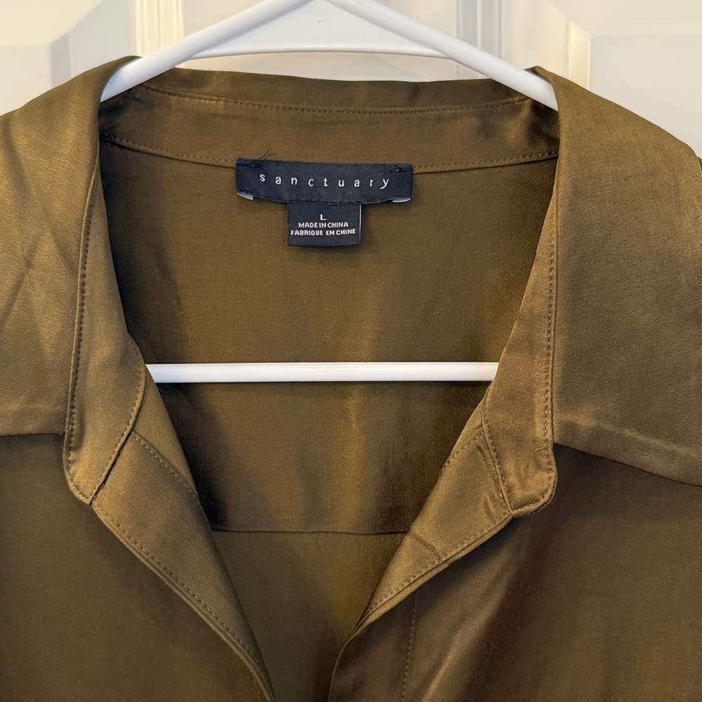 Sanctuary Dark Olive Button-Down Silk Blouse - image 2